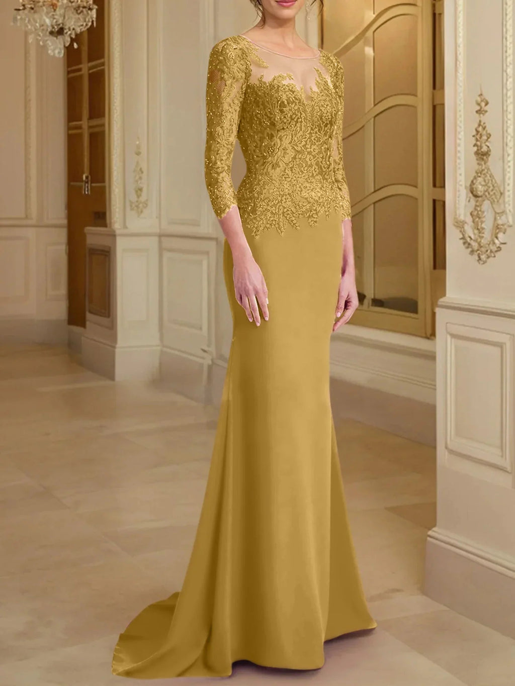 Vestidos de madre de la novia con mangas largas, corte trompeta/cola de sirena y encaje