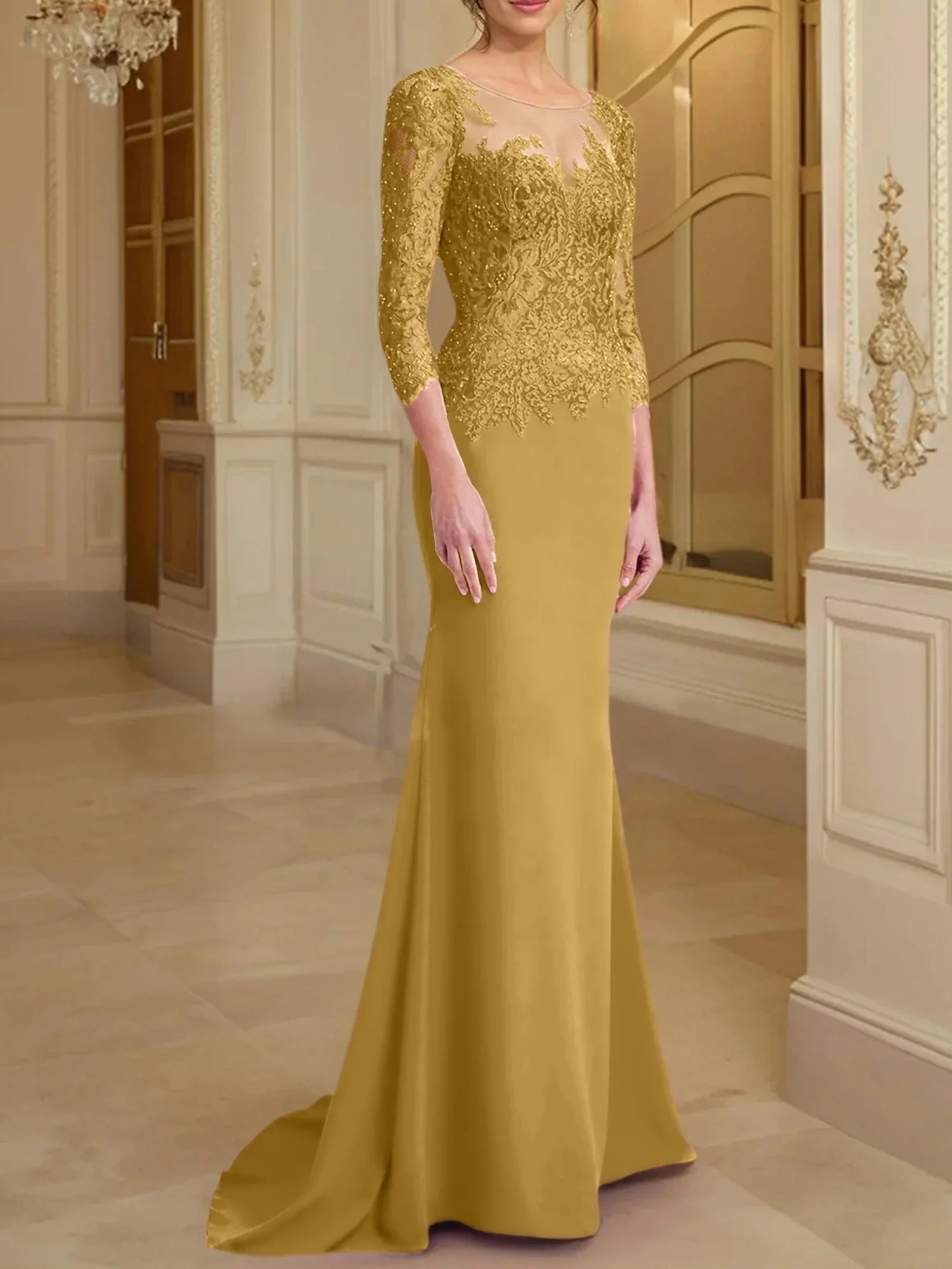 Vestidos de madre de la novia con mangas largas, corte trompeta/cola de sirena y encaje