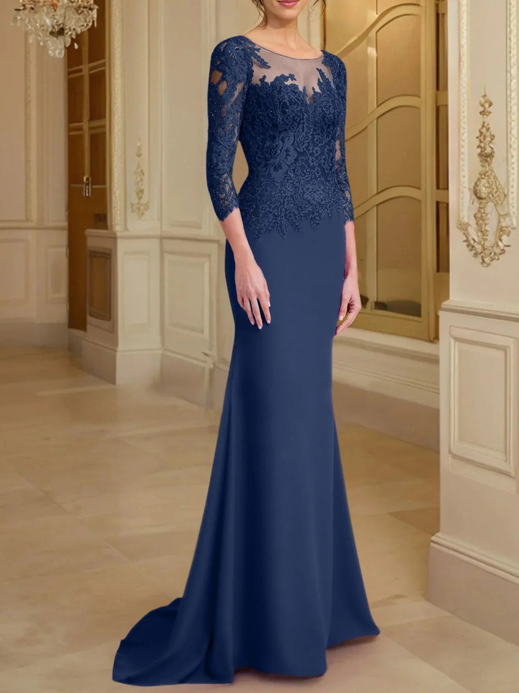 Vestidos de madre de la novia con mangas largas, corte trompeta/cola de sirena y encaje