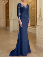 Vestidos de madre de la novia con mangas largas, corte trompeta/cola de sirena y encaje