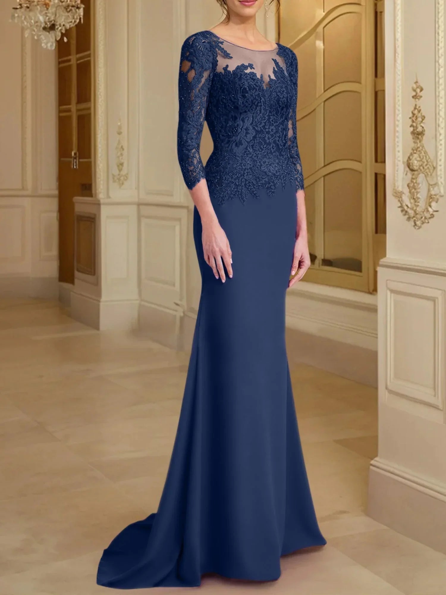 Vestidos de madre de la novia con mangas largas, corte trompeta/cola de sirena y encaje