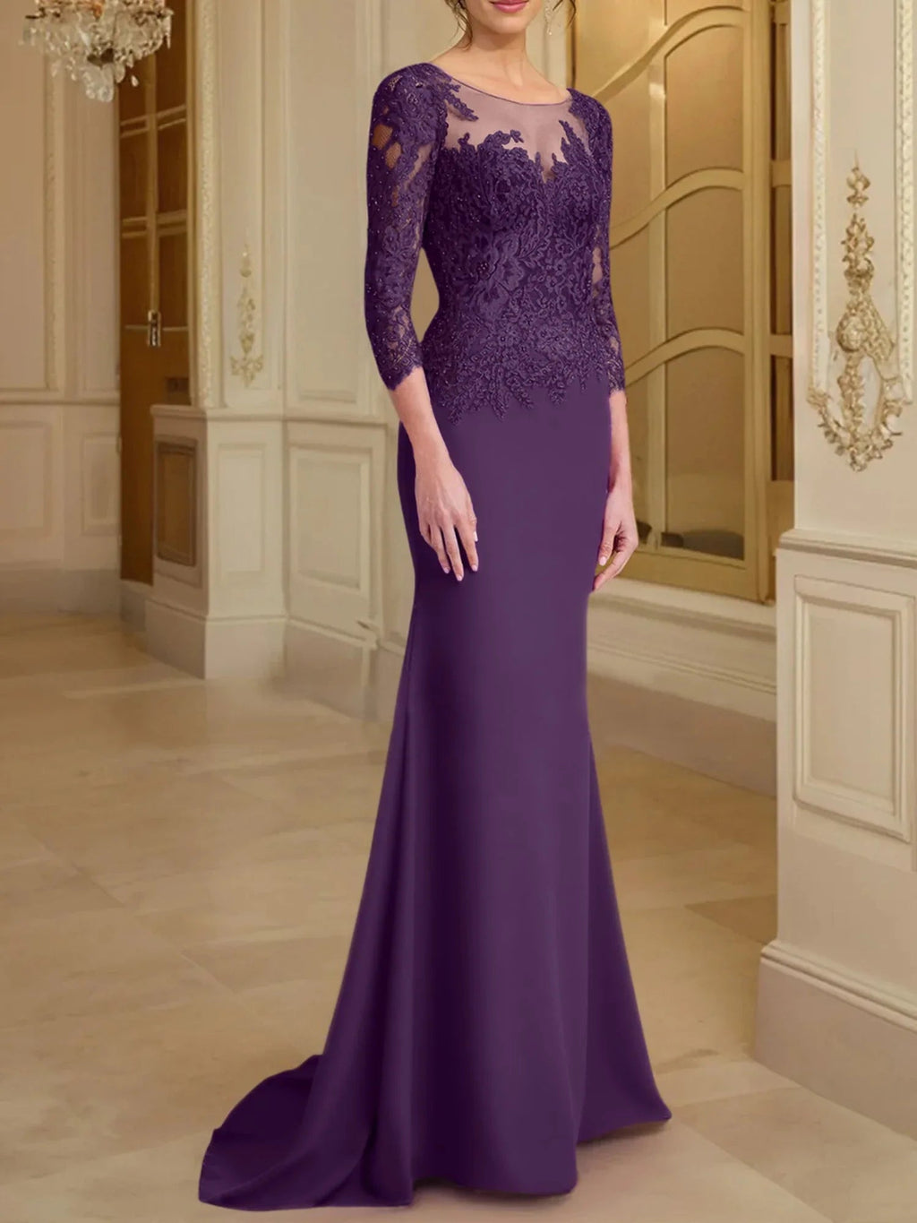 Vestidos de madre de la novia con mangas largas, corte trompeta/cola de sirena y encaje