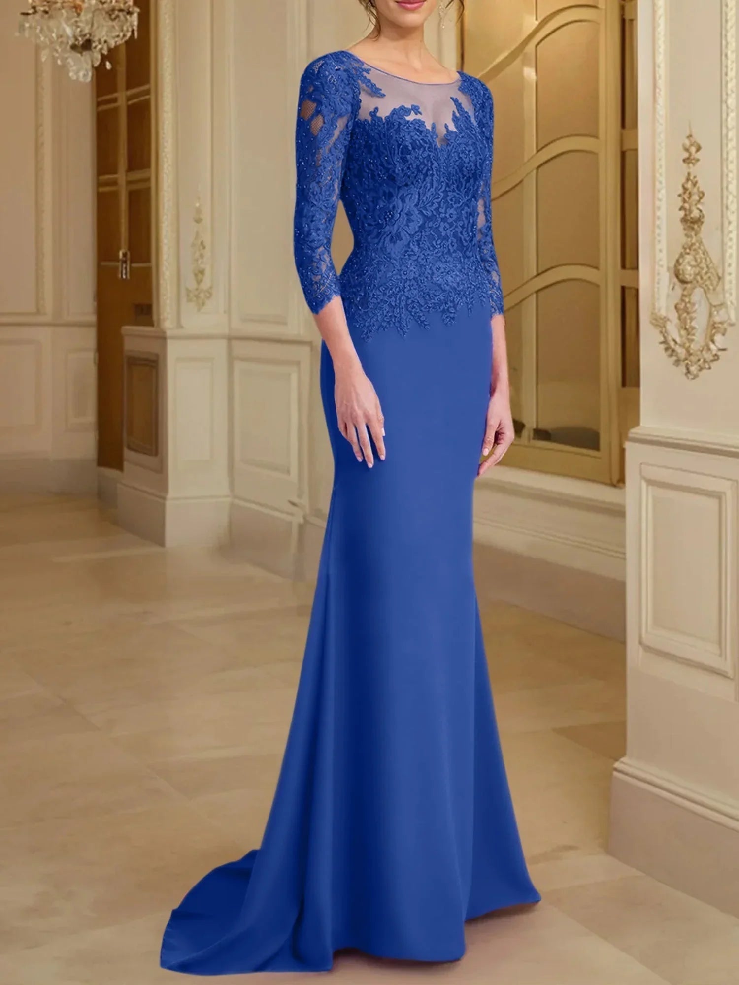 Vestidos de madre de la novia con mangas largas, corte trompeta/cola de sirena y encaje