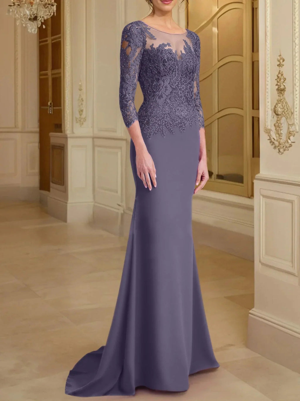 Vestidos de madre de la novia con mangas largas, corte trompeta/cola de sirena y encaje