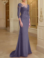 Vestidos de madre de la novia con mangas largas, corte trompeta/cola de sirena y encaje