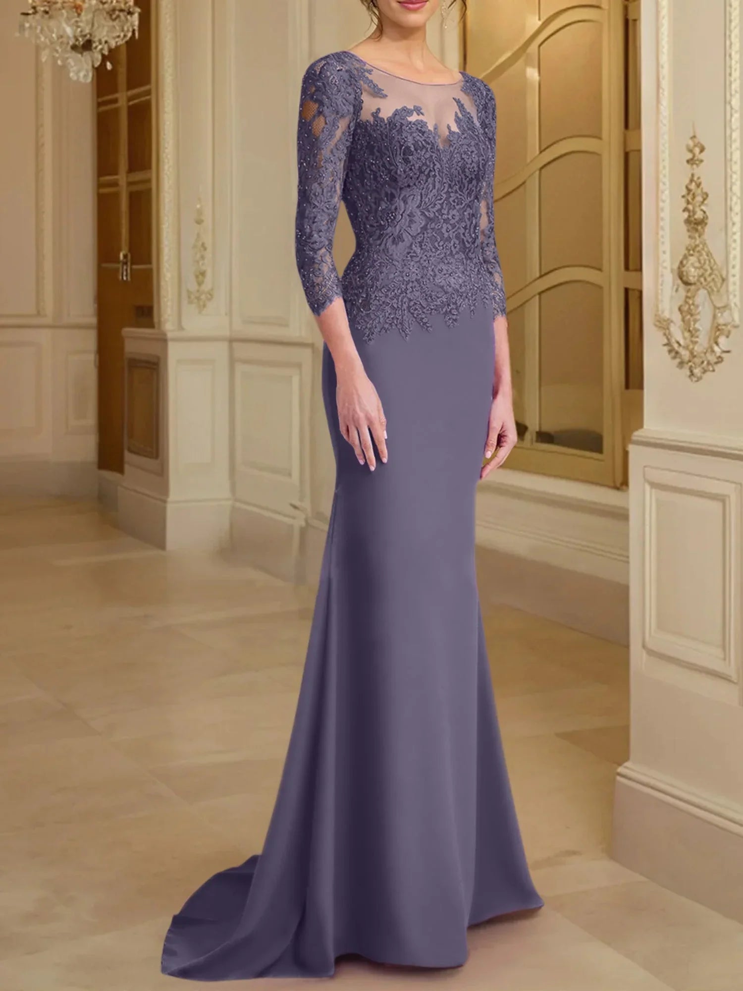 Vestidos de madre de la novia con mangas largas, corte trompeta/cola de sirena y encaje