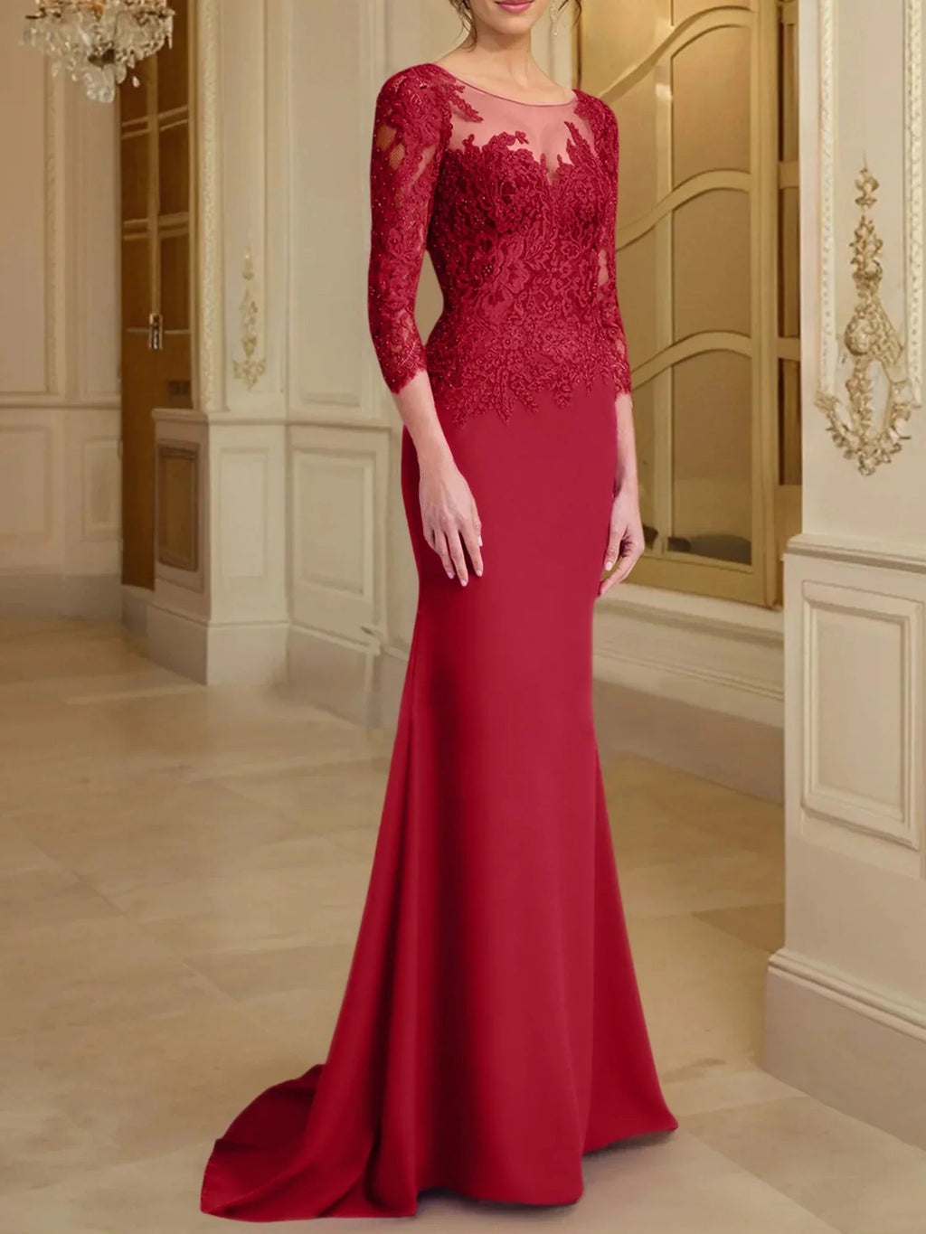 Vestidos de madre de la novia con mangas largas, corte trompeta/cola de sirena y encaje