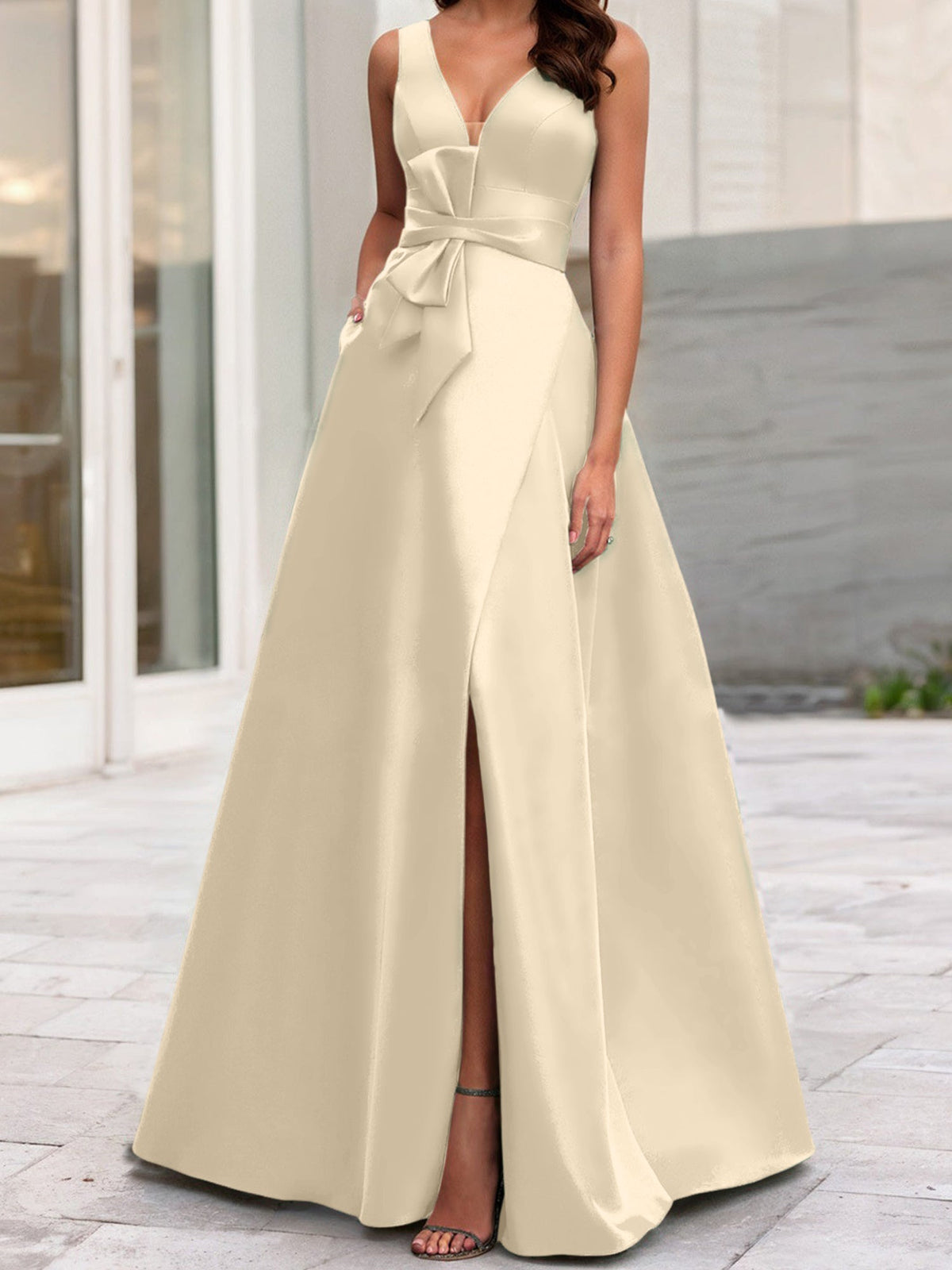 Mother Of The Bride Princess Dress V Neck Sleeveless A Line With Side Split