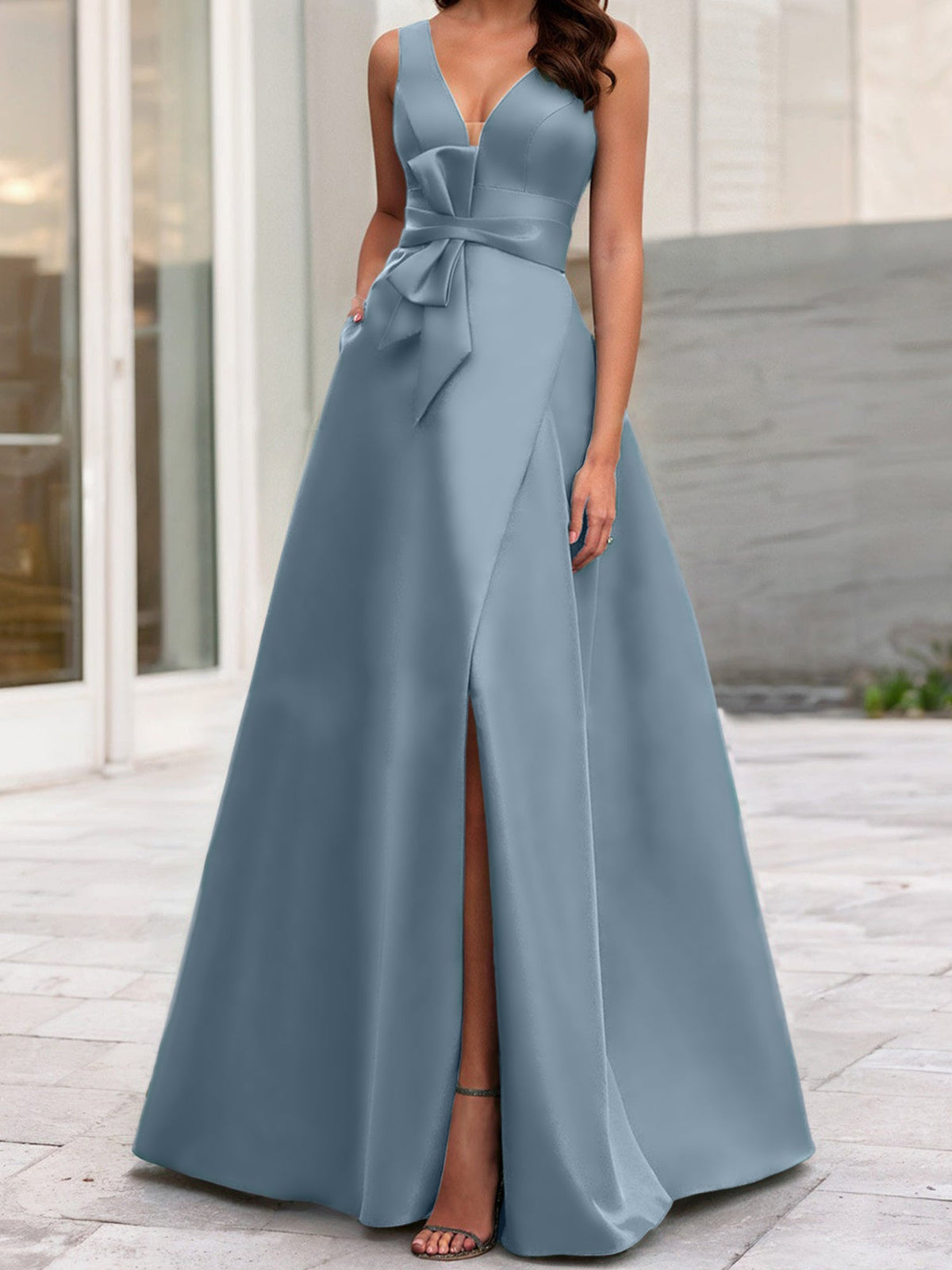 Mother Of The Bride Princess Dress V Neck Sleeveless A Line With Side Split