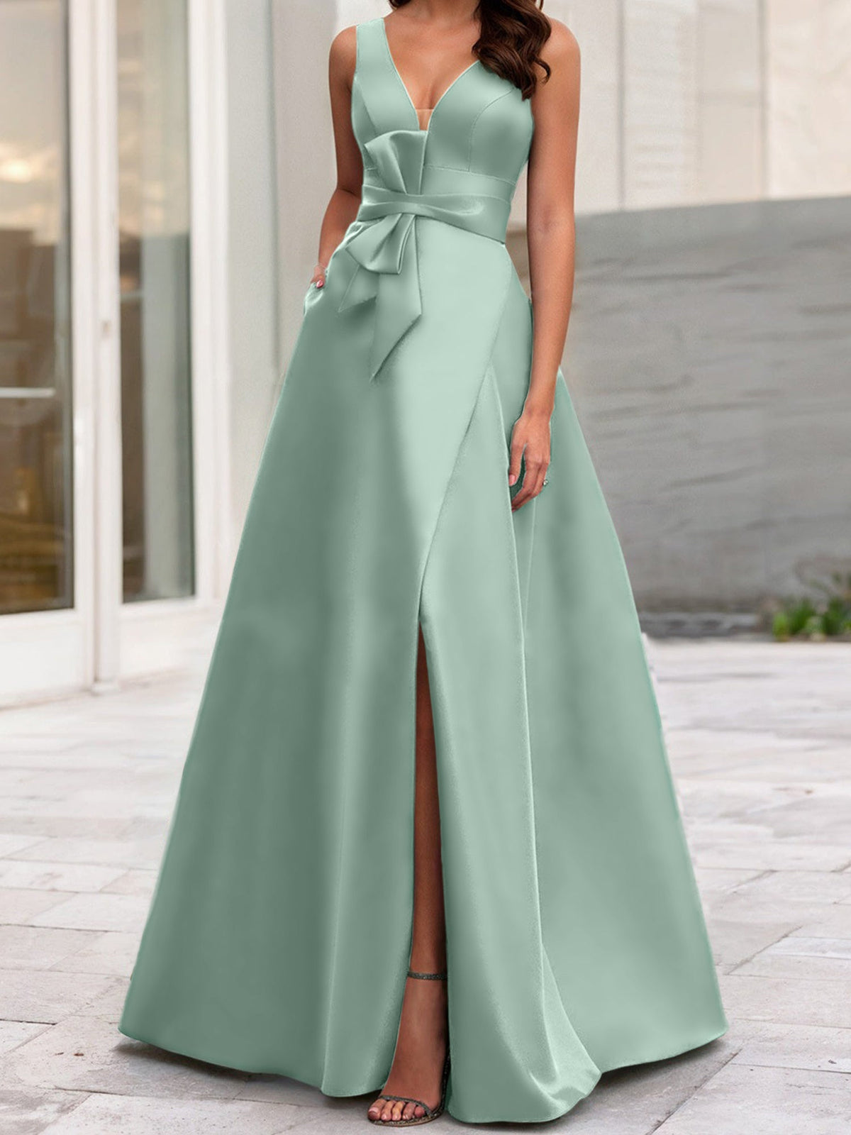Mother Of The Bride Princess Dress V Neck Sleeveless A Line With Side Split