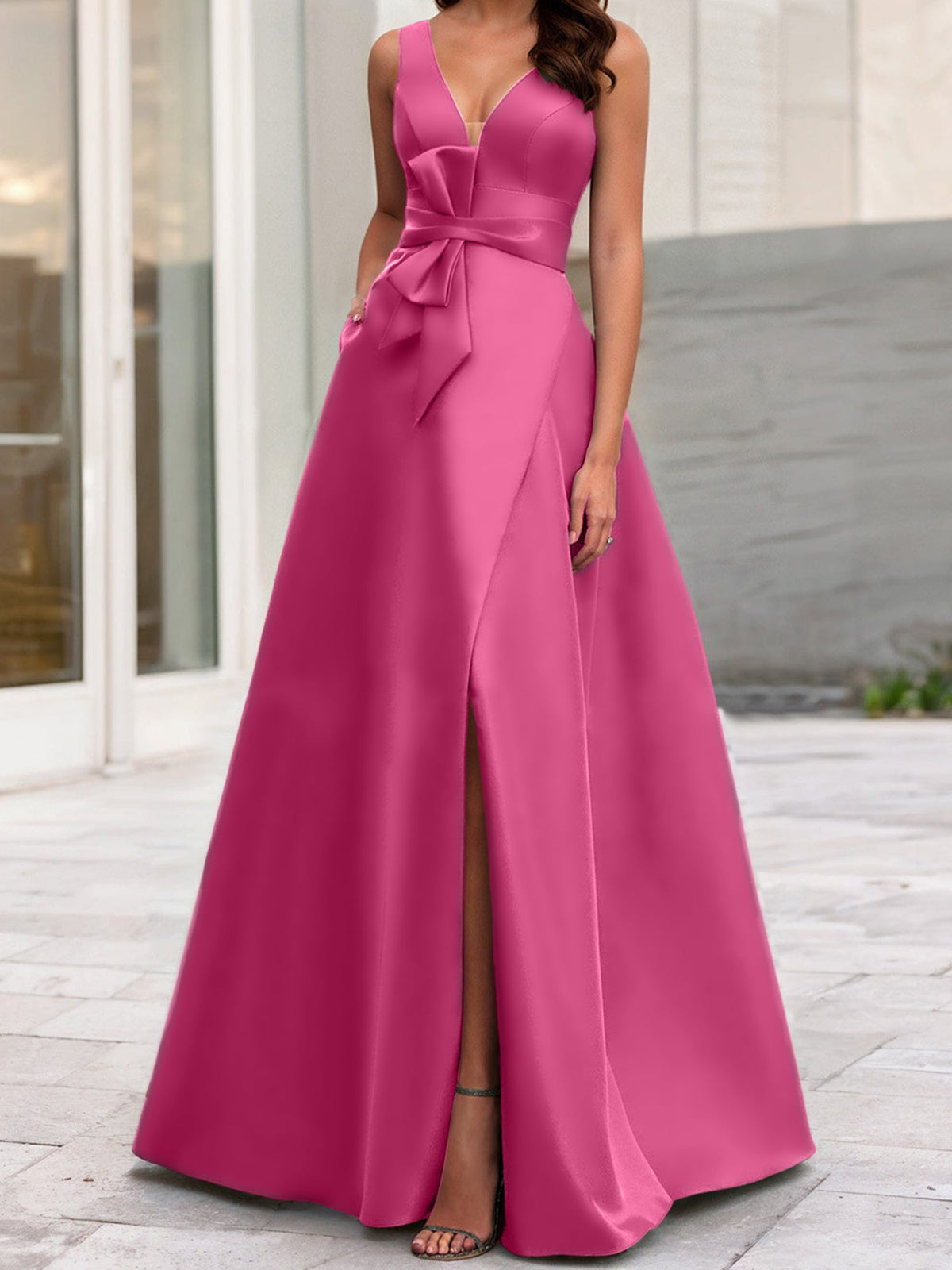 Mother Of The Bride Princess Dress V Neck Sleeveless A Line With Side Split