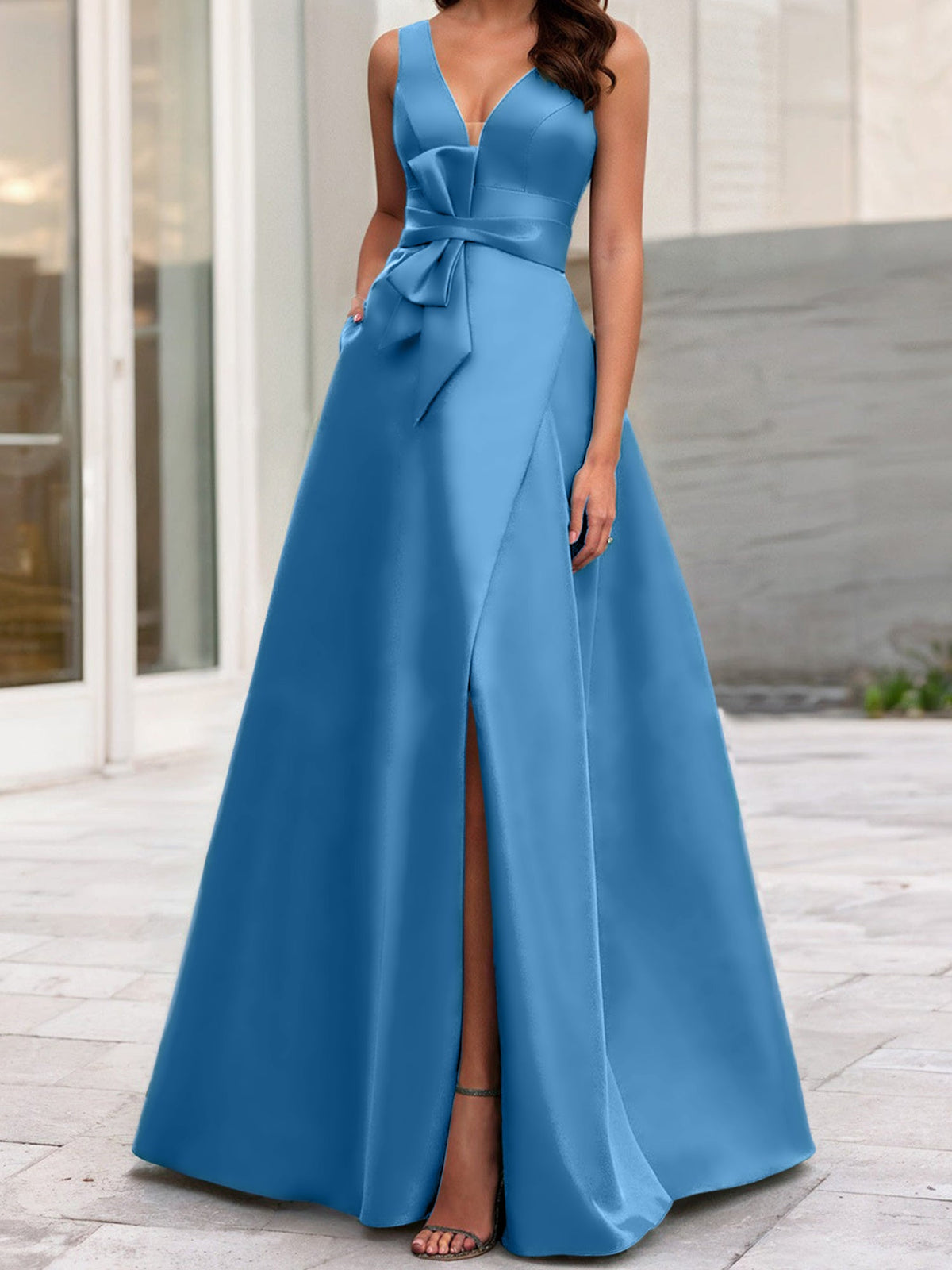 Mother Of The Bride Princess Dress V Neck Sleeveless A Line With Side Split