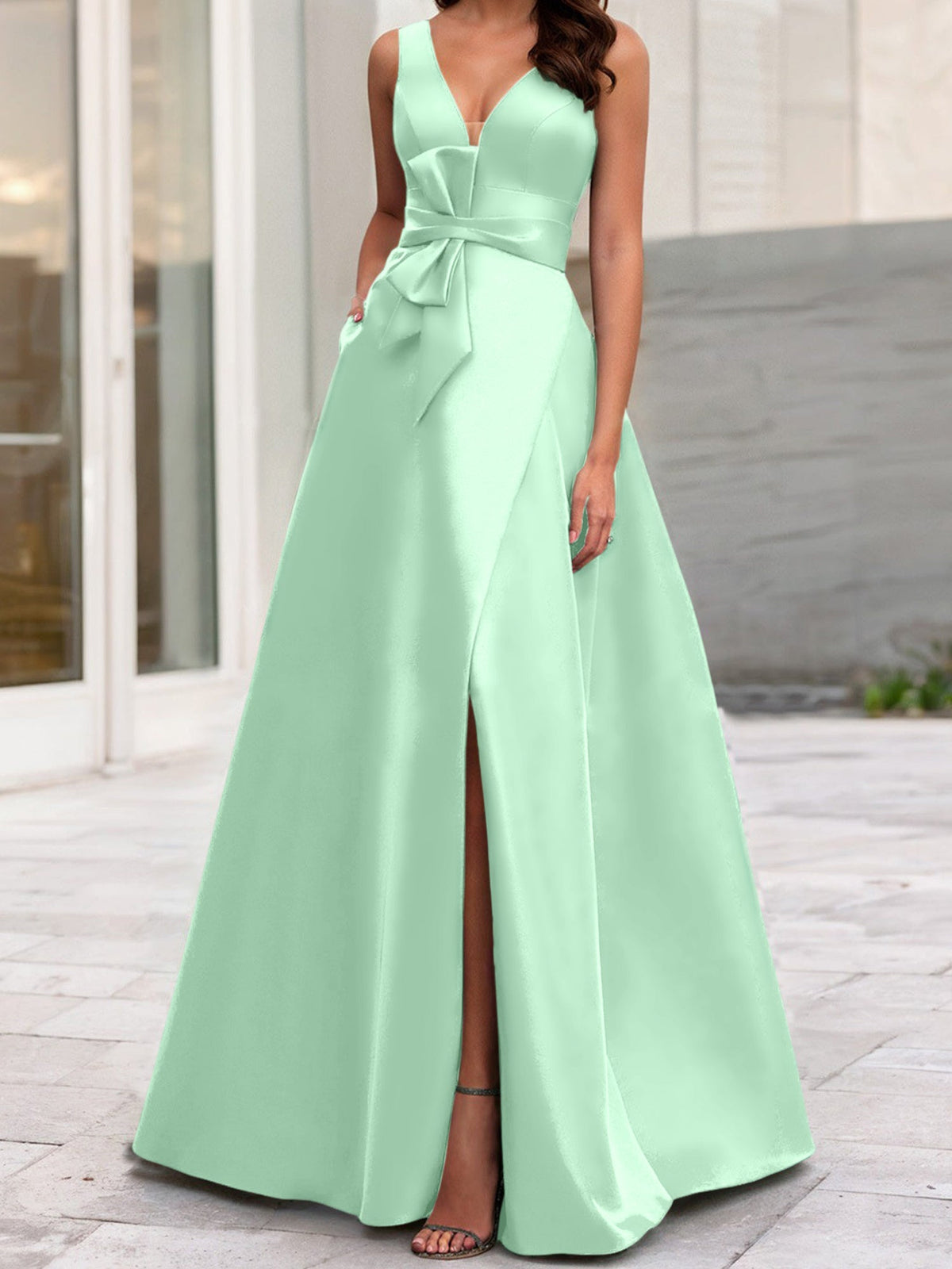 Mother Of The Bride Princess Dress V Neck Sleeveless A Line With Side Split