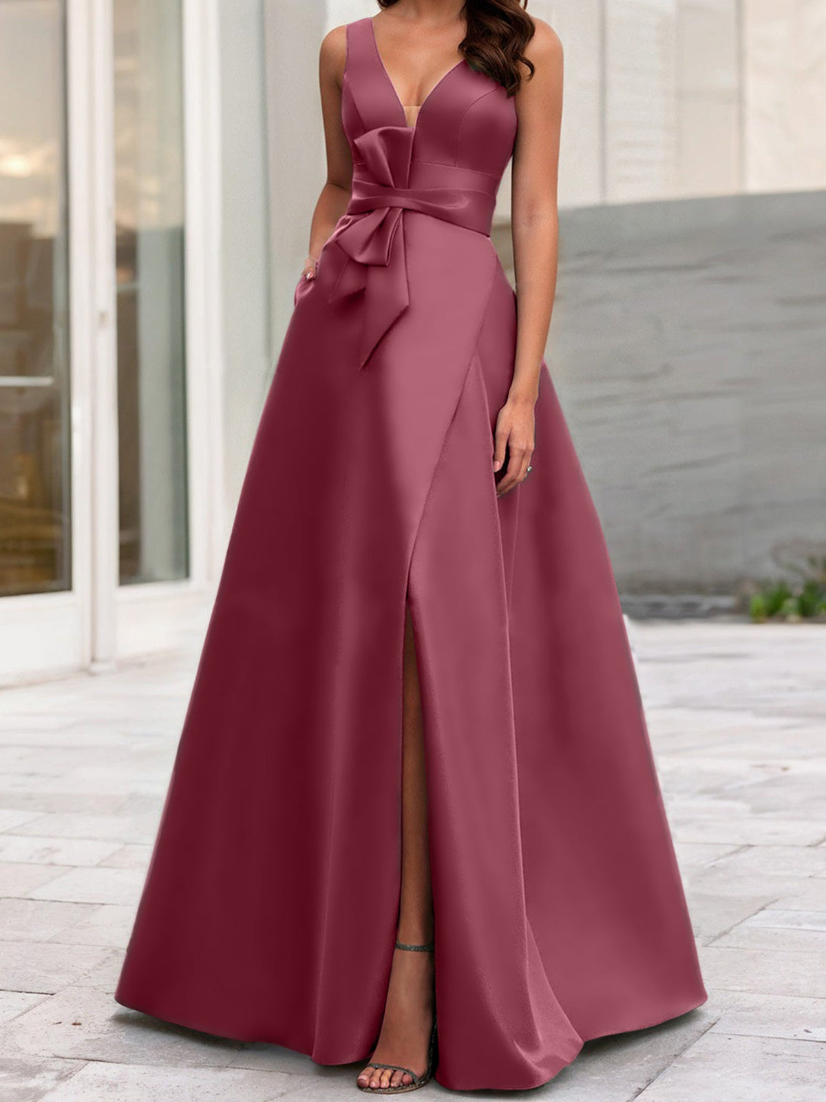 Mother Of The Bride Princess Dress V Neck Sleeveless A Line With Side Split