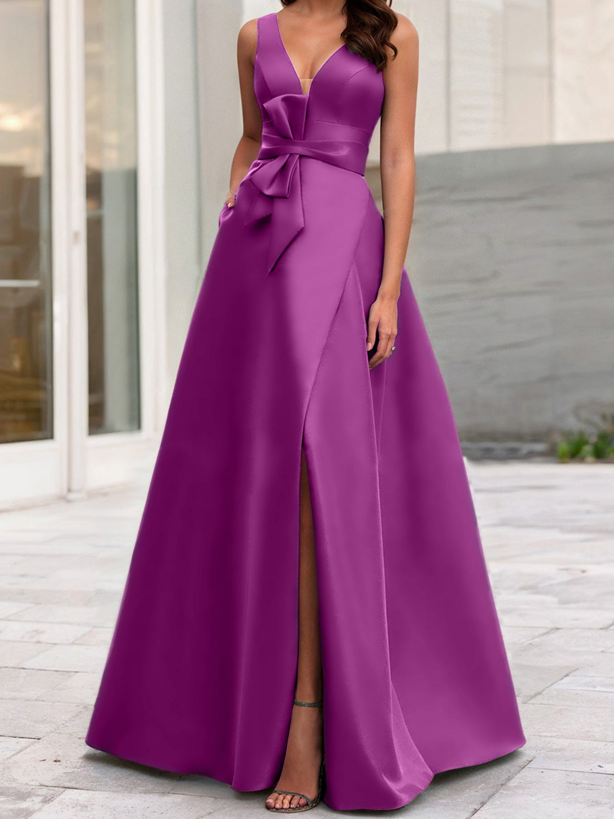 Mother Of The Bride Princess Dress V Neck Sleeveless A Line With Side Split