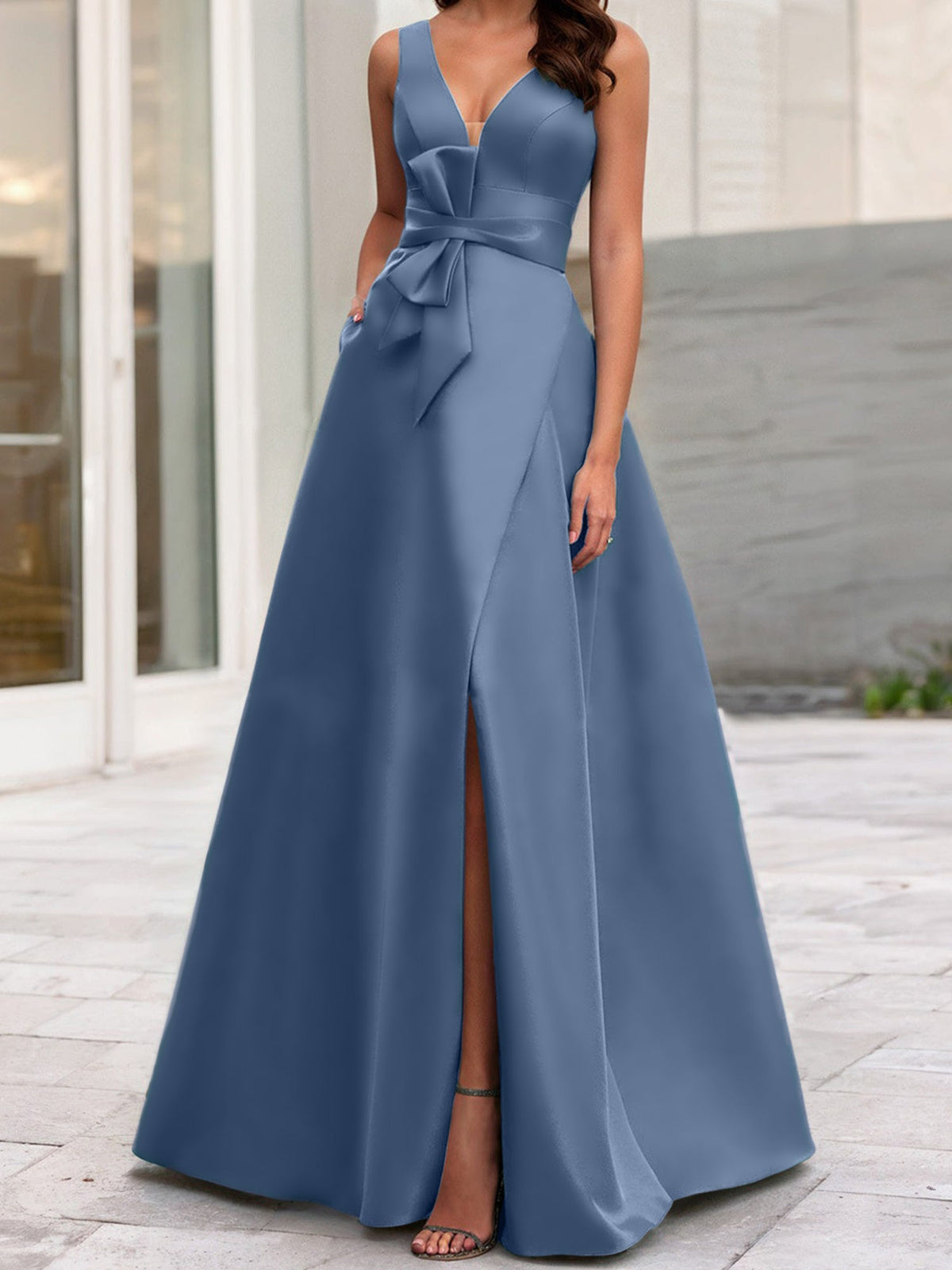 Mother Of The Bride Princess Dress V Neck Sleeveless A Line With Side Split