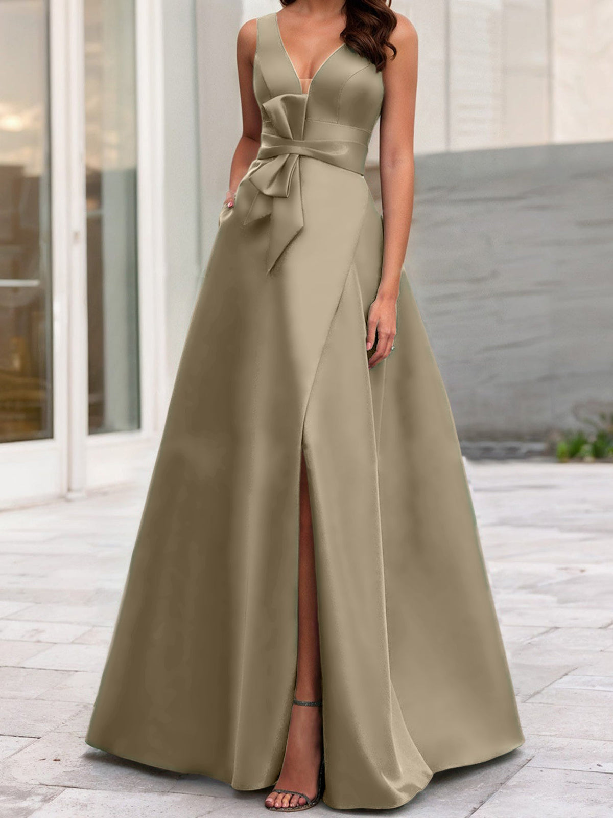 Mother Of The Bride Princess Dress V Neck Sleeveless A Line With Side Split