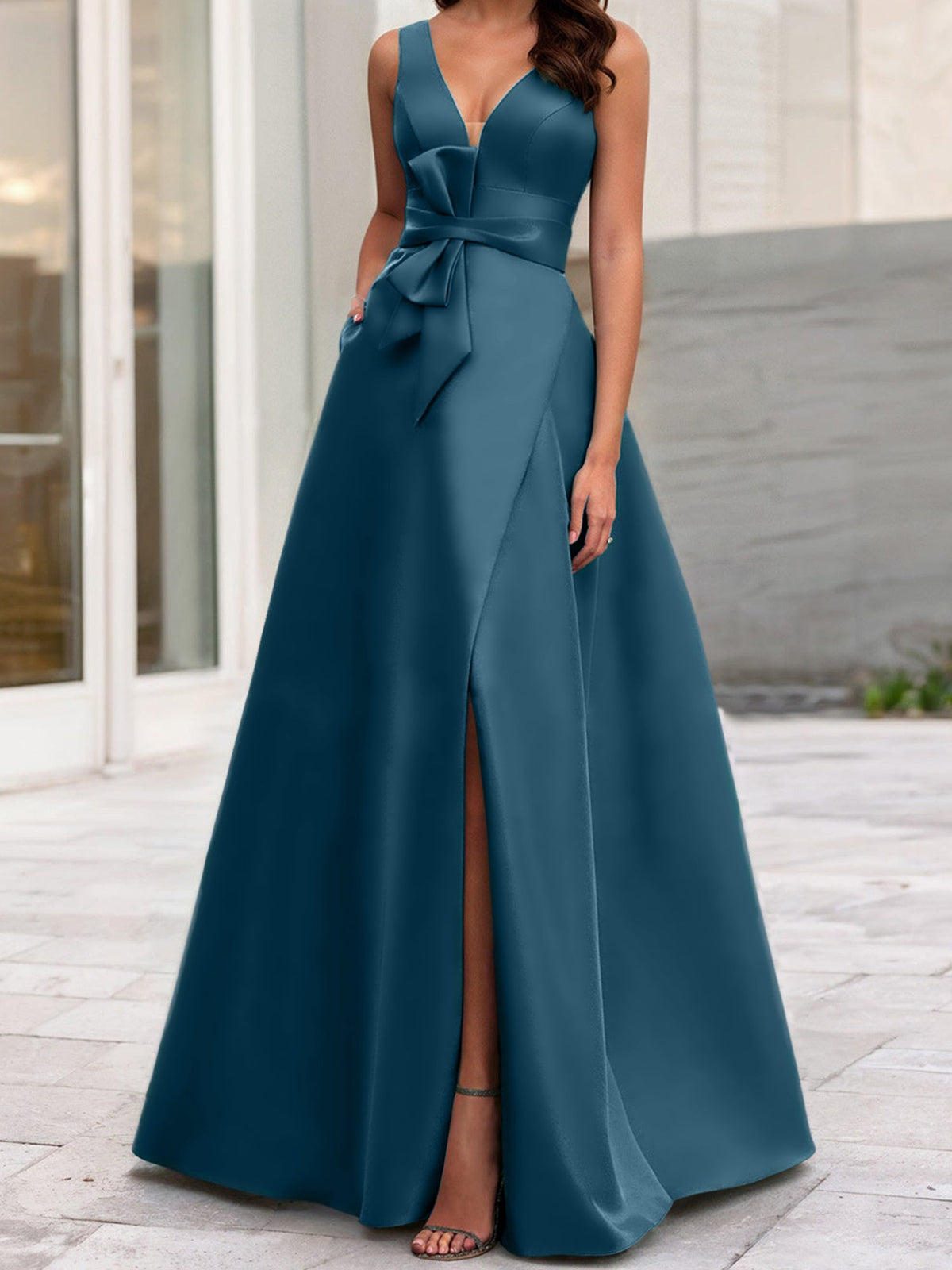 Mother Of The Bride Princess Dress V Neck Sleeveless A Line With Side Split