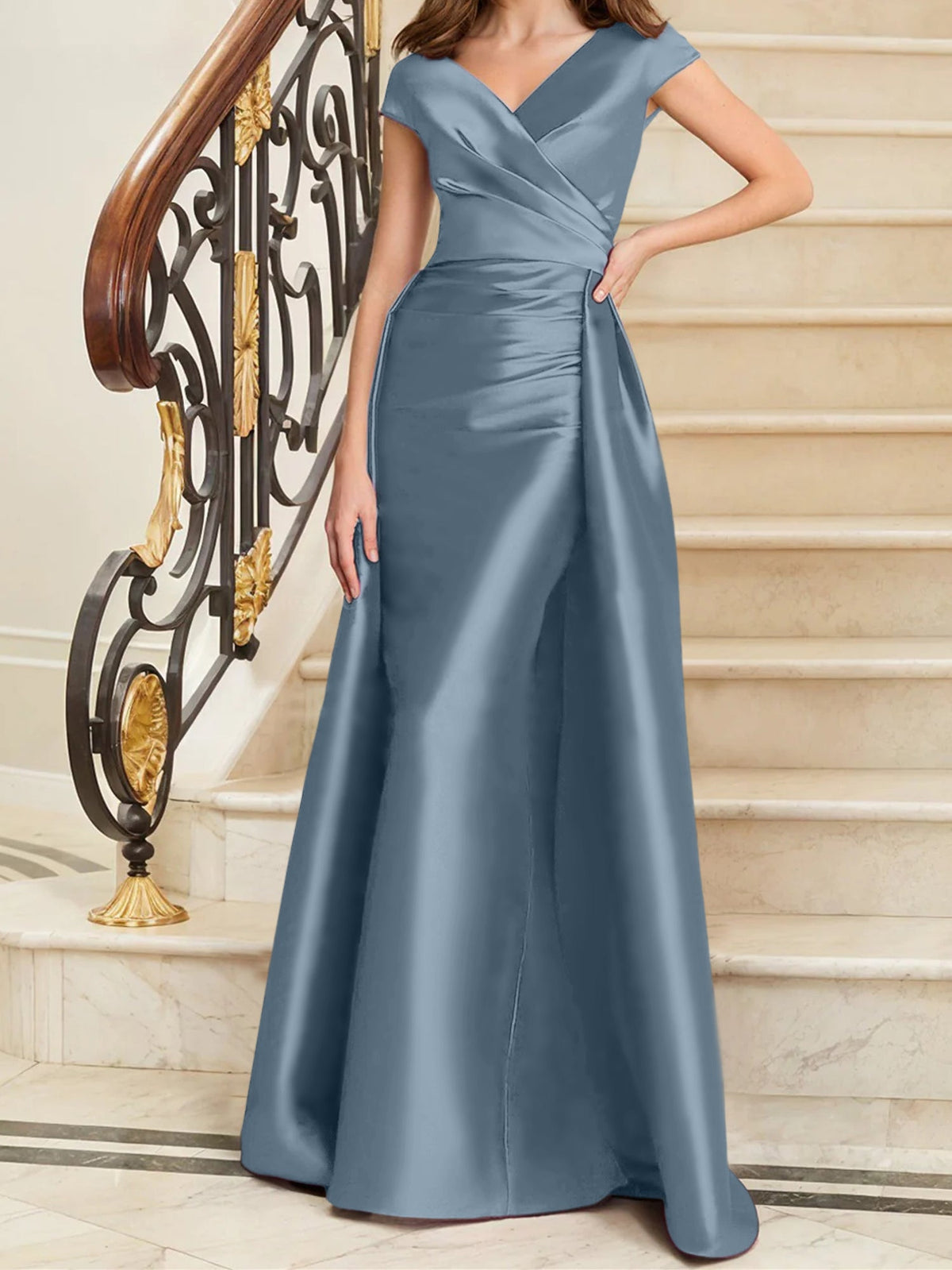 Elegant Satin V Neck Sleeveless Sheath Dress For The Mother Of The Bride