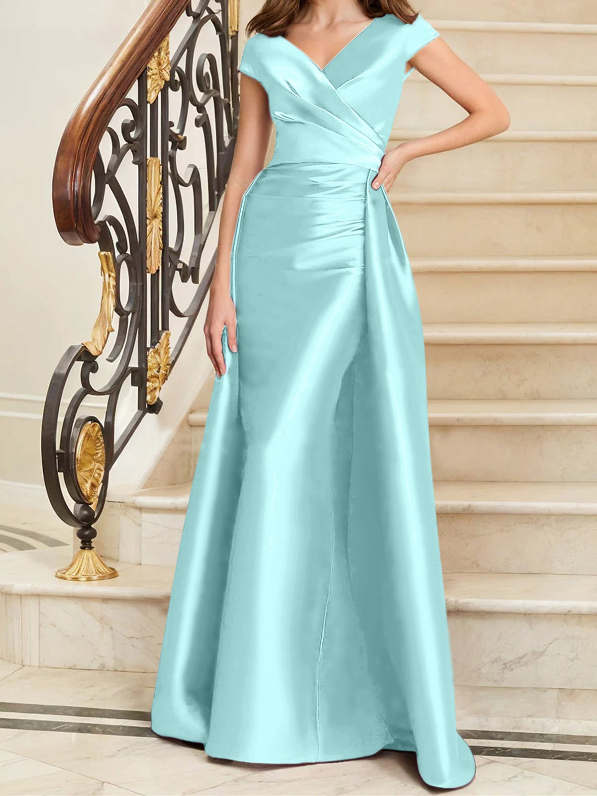Elegant Satin V Neck Sleeveless Sheath Dress For The Mother Of The Bride