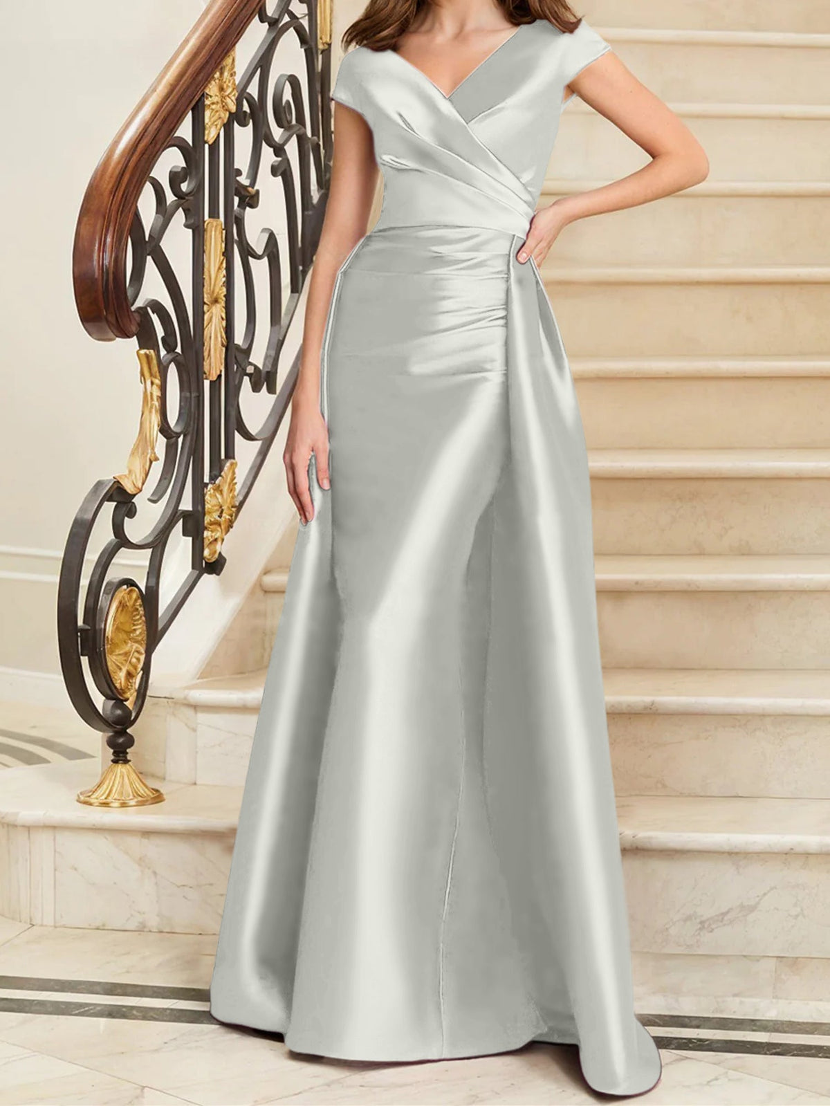 Elegant Satin V Neck Sleeveless Sheath Dress For The Mother Of The Bride