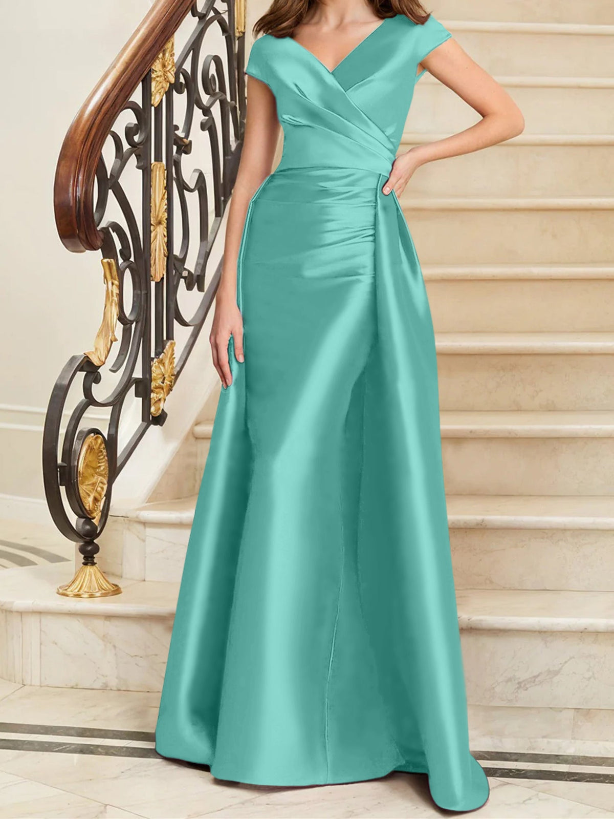 Elegant Satin V Neck Sleeveless Sheath Dress For The Mother Of The Bride