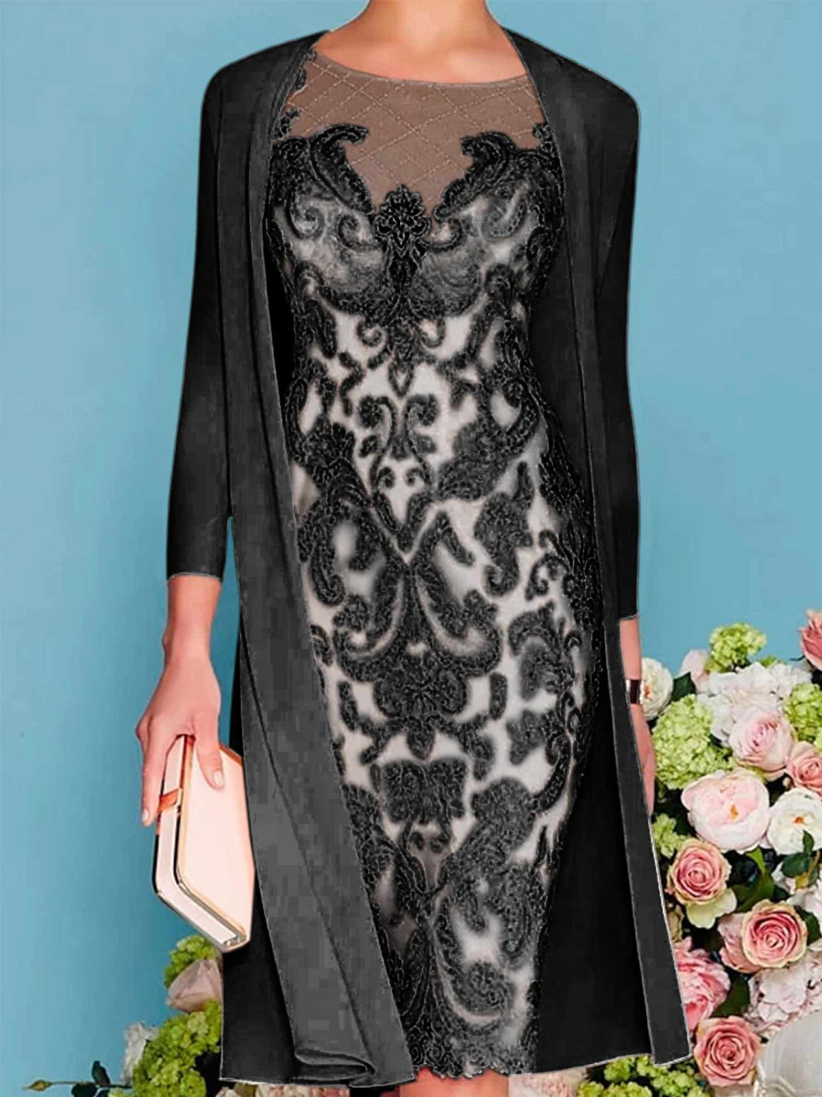 Long-Sleeve Knee-Length Sheath/Column Mother of the Bride Dress with Lace Beading Appliques