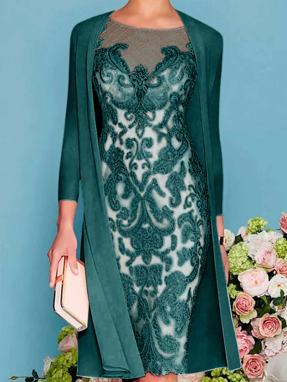 Long-Sleeve Knee-Length Sheath/Column Mother of the Bride Dress with Lace Beading Appliques