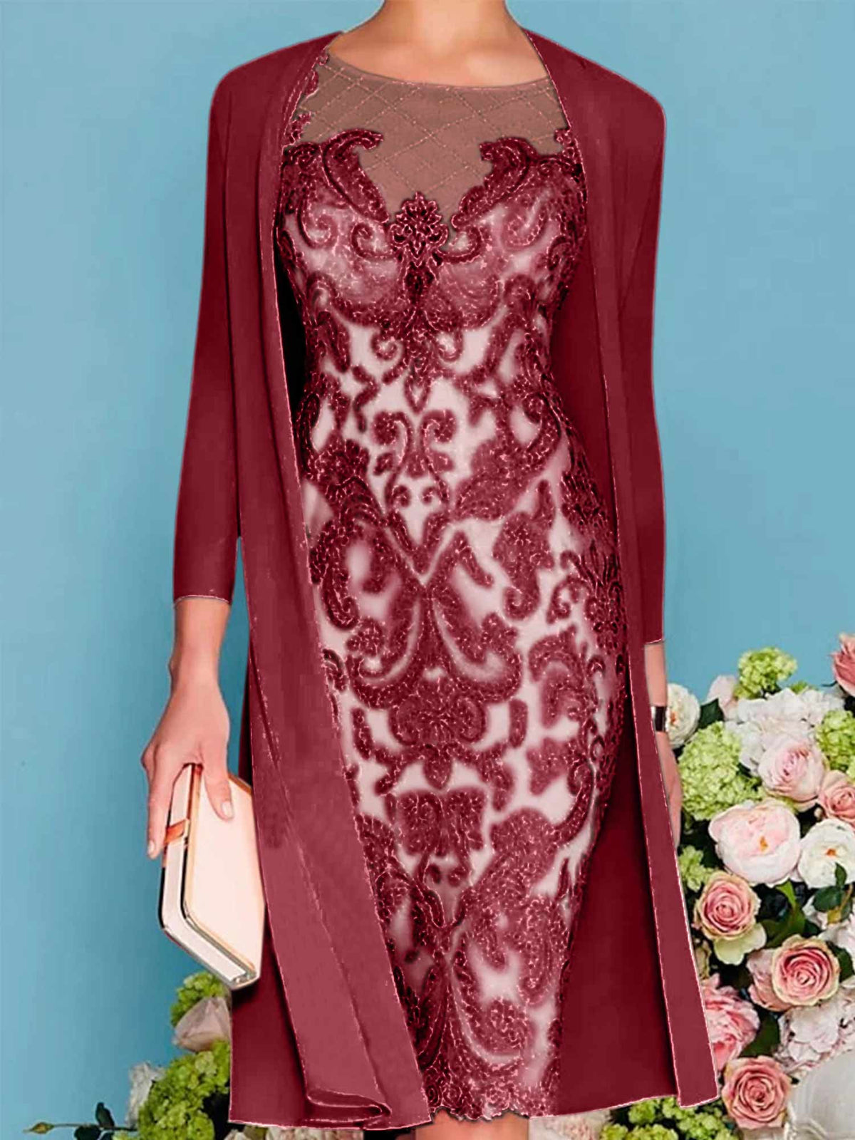 Long-Sleeve Knee-Length Sheath/Column Mother of the Bride Dress with Lace Beading Appliques