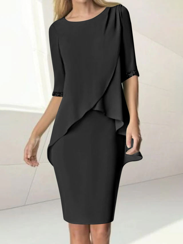 Knee Length Beaded Sheath Dress With Ruching For The Mother Of The Bride