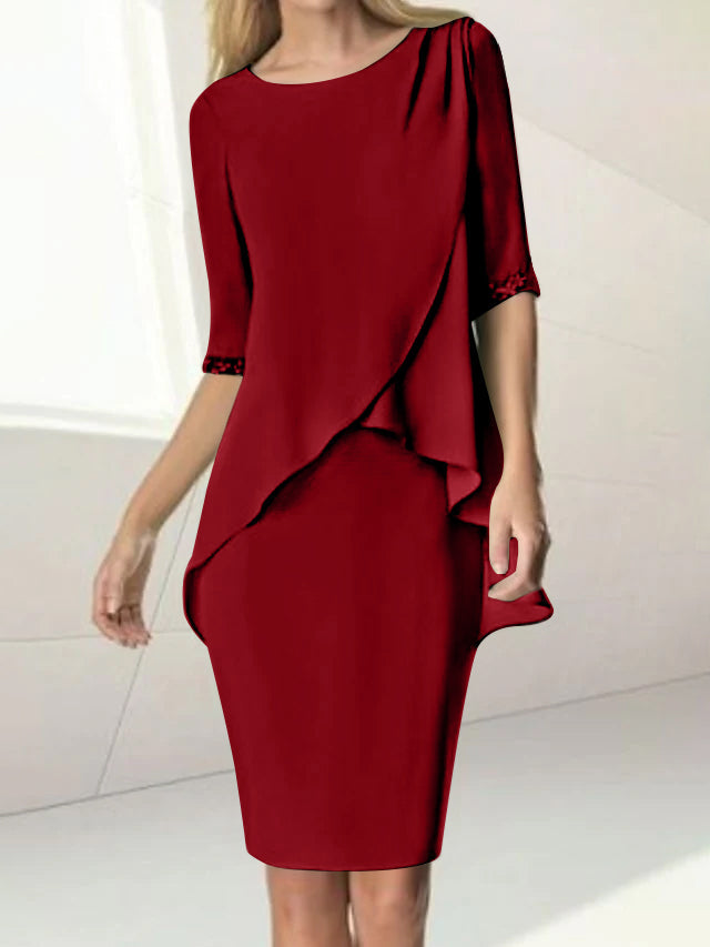 Knee Length Beaded Sheath Dress With Ruching For The Mother Of The Bride
