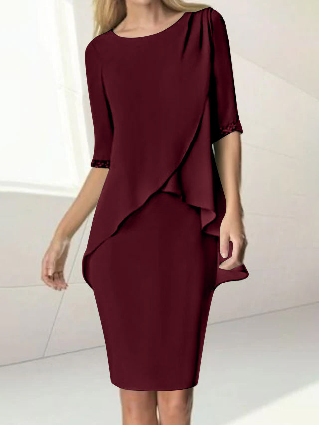 Knee Length Beaded Sheath Dress With Ruching For The Mother Of The Bride