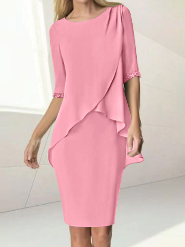 Knee Length Beaded Sheath Dress With Ruching For The Mother Of The Bride