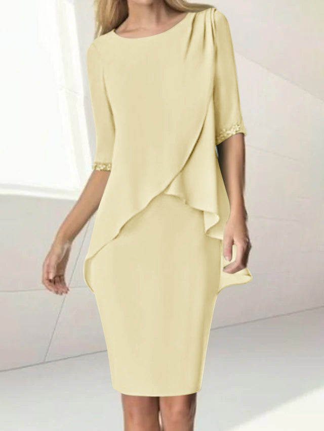 Knee Length Beaded Sheath Dress With Ruching For The Mother Of The Bride