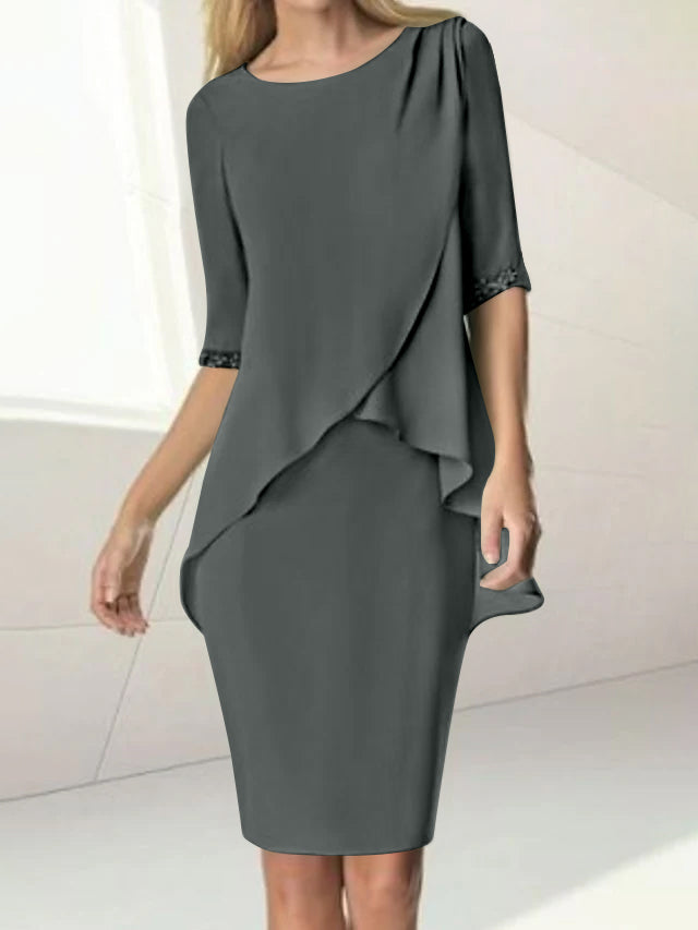 Knee Length Beaded Sheath Dress With Ruching For The Mother Of The Bride