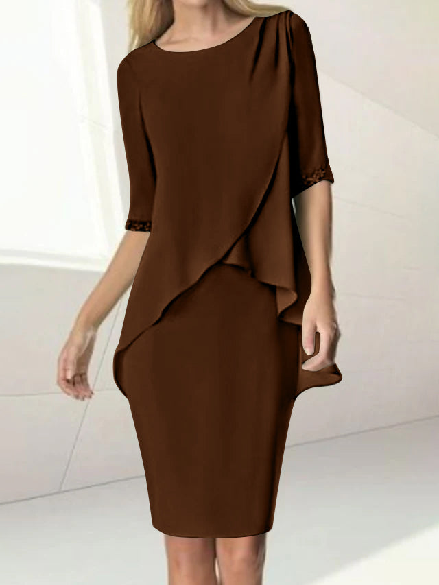 Knee Length Beaded Sheath Dress With Ruching For The Mother Of The Bride