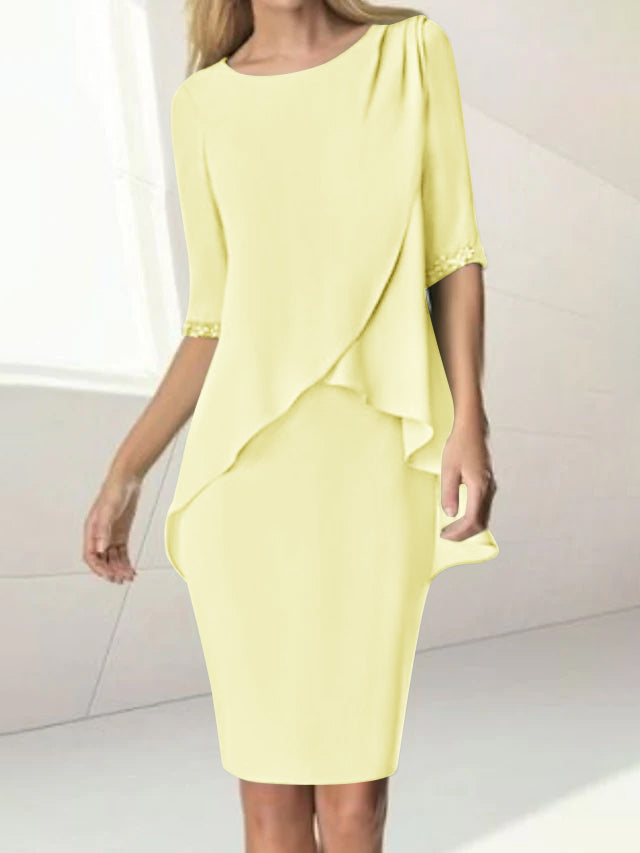Knee Length Beaded Sheath Dress With Ruching For The Mother Of The Bride