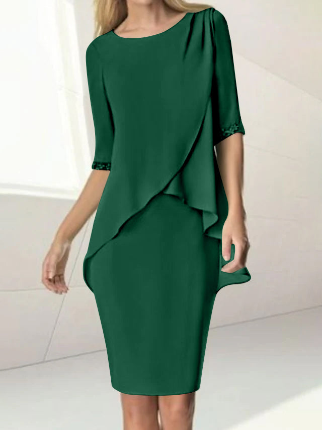 Knee Length Beaded Sheath Dress With Ruching For The Mother Of The Bride