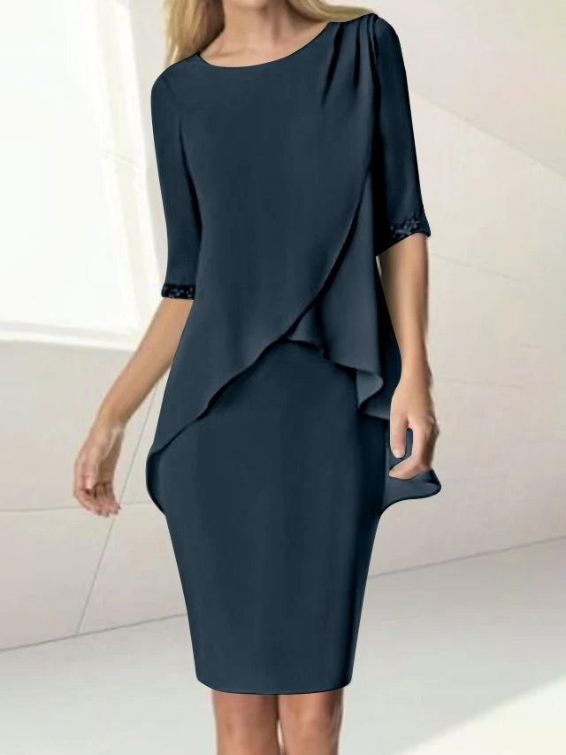 Knee Length Beaded Sheath Dress With Ruching For The Mother Of The Bride