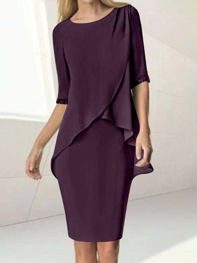 Knee Length Beaded Sheath Dress With Ruching For The Mother Of The Bride