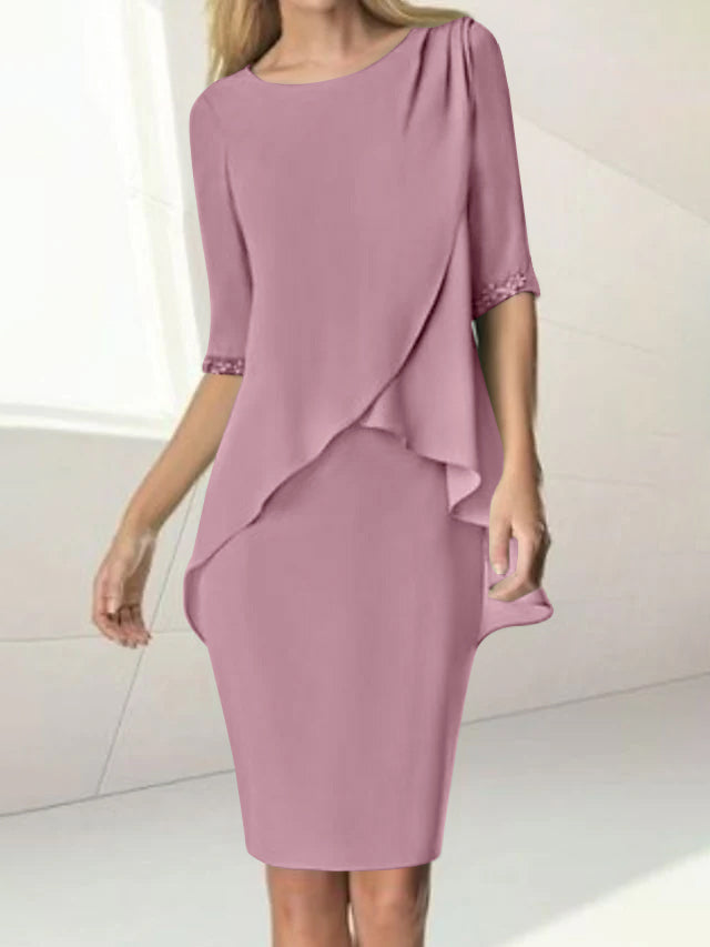 Knee Length Beaded Sheath Dress With Ruching For The Mother Of The Bride