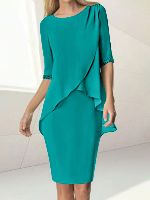 Knee Length Beaded Sheath Dress With Ruching For The Mother Of The Bride