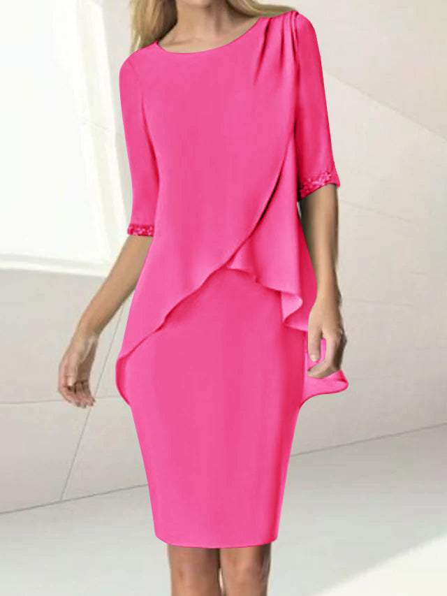 Knee Length Beaded Sheath Dress With Ruching For The Mother Of The Bride