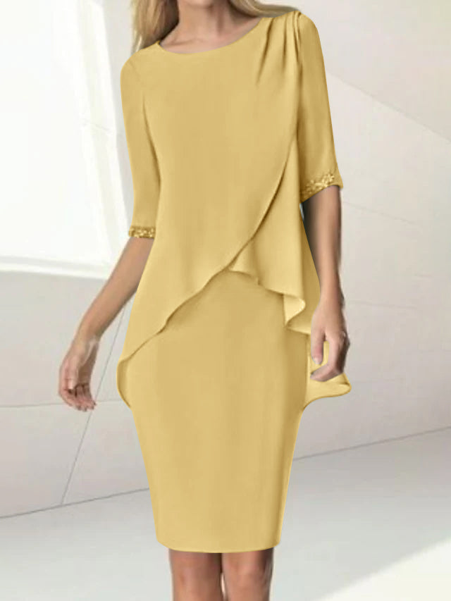 Knee Length Beaded Sheath Dress With Ruching For The Mother Of The Bride