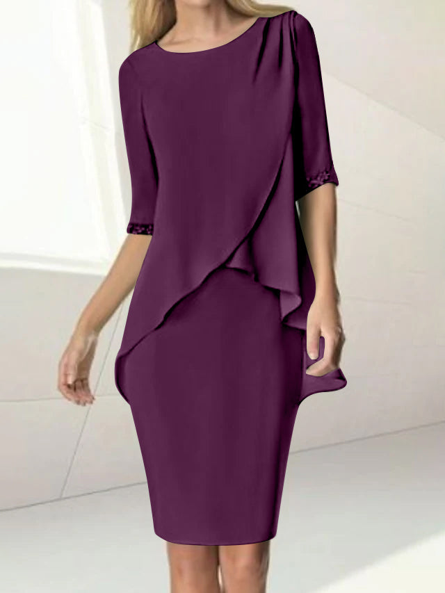 Knee Length Beaded Sheath Dress With Ruching For The Mother Of The Bride