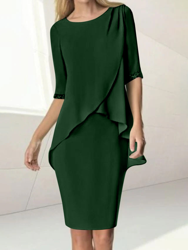 Knee Length Beaded Sheath Dress With Ruching For The Mother Of The Bride