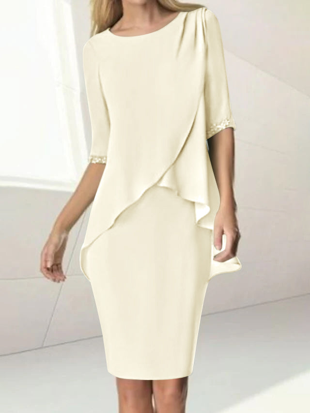Knee Length Beaded Sheath Dress With Ruching For The Mother Of The Bride