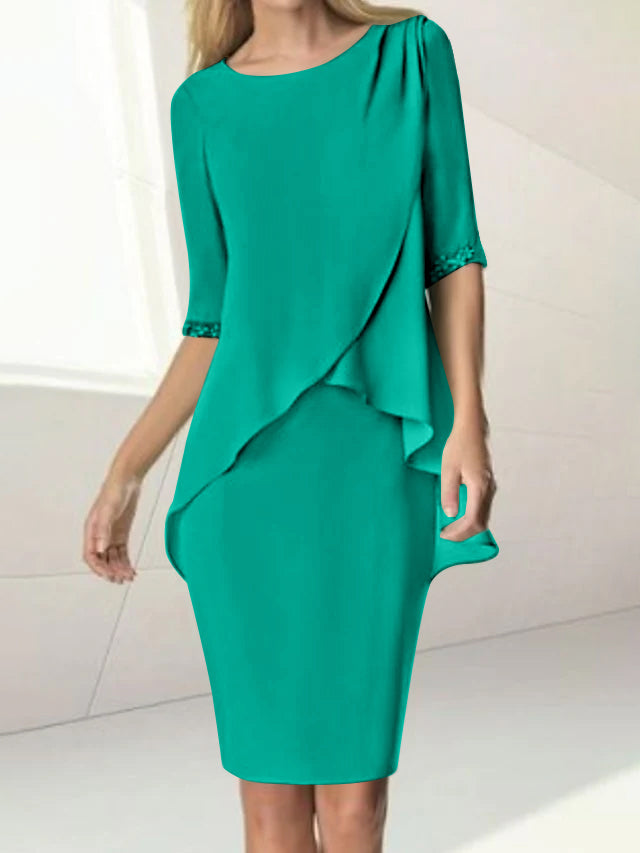 Knee Length Beaded Sheath Dress With Ruching For The Mother Of The Bride