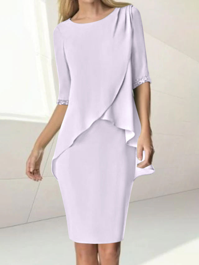 Knee Length Beaded Sheath Dress With Ruching For The Mother Of The Bride
