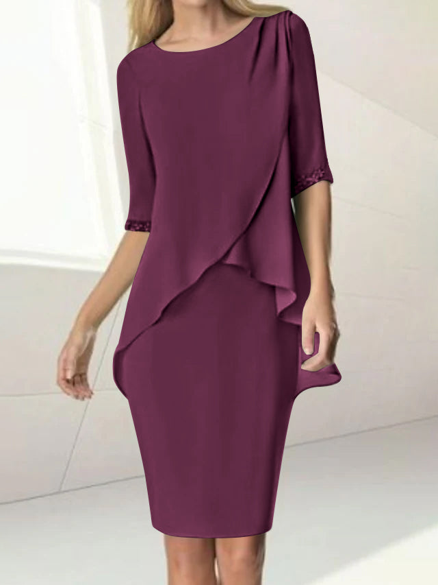 Knee Length Beaded Sheath Dress With Ruching For The Mother Of The Bride